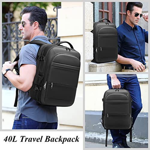 Qiccijoo Travel Backpack 40L Flight Approved Carry On Backpack for Men Women Expandable Large Luggage Backpack 17 Inch Waterproof Laptop Backpack Business School Weekender Overnight Backpack,Black