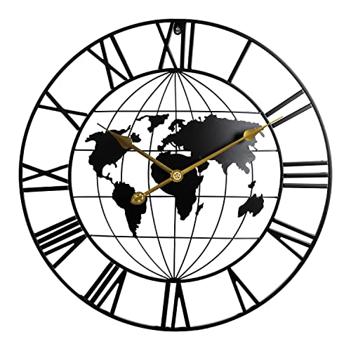 Large World Map Wall Clock, Metal Minimalist Modern Clock, Round Silent Non-Ticking Battery Operated Wall Clocks for Living Room/Home/Kitchen/Bedroom/Office/School Decor (24 Inch)