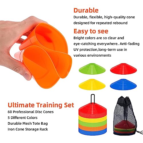 60 Pack Agility Soccer Cones with Carry Bag and Holder for Training,Sports Cones,Disc Sports Cones,Football Cones for Drills Distraining Cones for Basketballs,Agility Football Cones Set