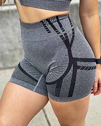 OQQ Sports Outfits for Women 2 Piece Workout Gym Yoga Seamless High Waist Shorts T-Shirt Set Grey