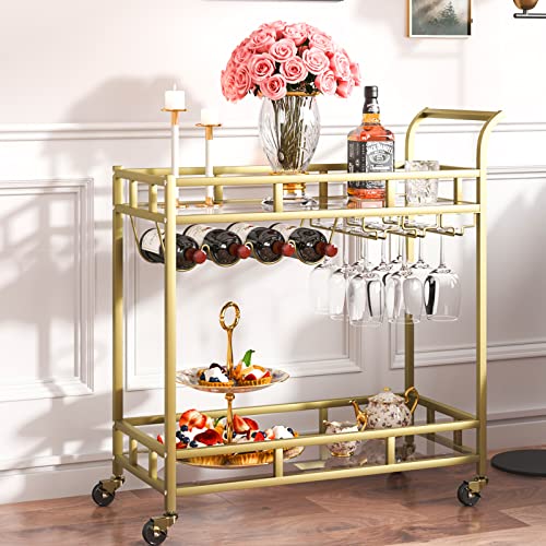 VEVOR Bar Cart Gold, 2 Tiers Home Bar Serving Cart on Lockable Wheels, Rolling Alcohol Cart with Tempered Glass Shelves Guardrail Wine Rack, Modern Wine Cart for Home Kitchen Dining and Living Room