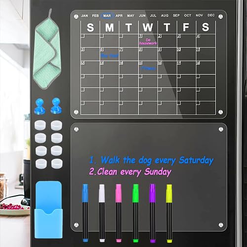 Acrylic Magnetic Fridge Calendar, 2pcs Clear Monthly Planner and Memo Board for Fridge, 15.8" x 11.8" Reusable Organiser Board Includes 6 Wet Erase Markers, Markers Holder, Wipe Cloth