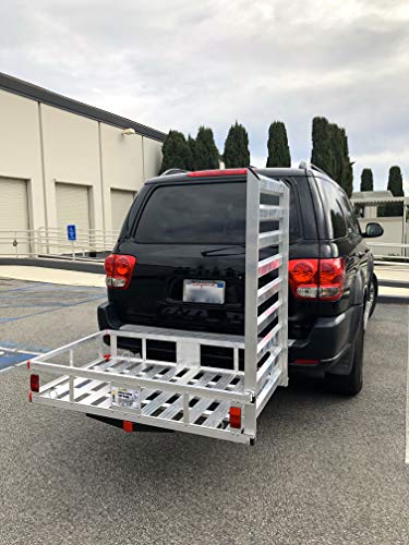 MaxxHaul 80779 50" x 29.5" Trailer Hitch Mount Aluminum Cargo Carrier with High Side Rails with 47" Ramp for RV's, Trucks, SUV's, Vans, Cars - 500 lb. Capacity