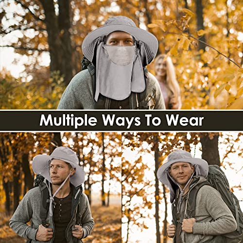 AutoWT Fishing Outdoor Sun Hat with Removable Neck Face Flap, UPF 50+ UV Sun Protection Bucket Cap, Summer Outdoor Protection Hat Wide Brim Fishing Cap for Man and Women Gray