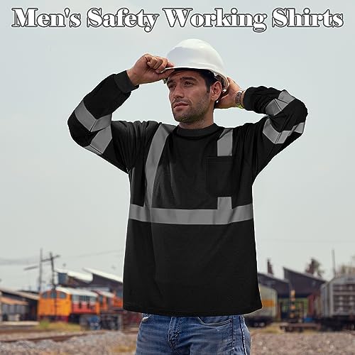 Amylove 4 Pcs Long Sleeve Reflective Safety T Shirt High Visibility Safety Shirts with Reflective Strips Men Women, Black, One Size-Large