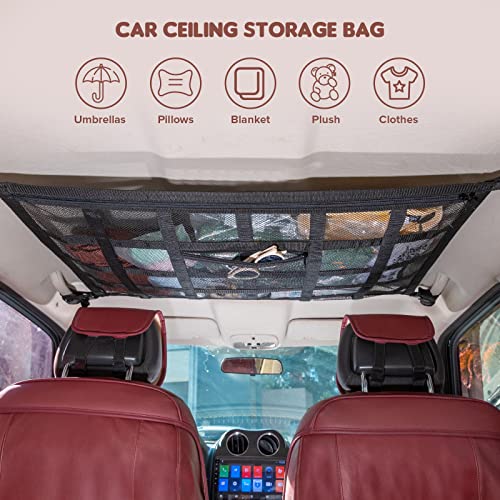 Upgrade Car Ceiling Cargo Net Pocket,31.5"x21.6" Strengthen Load-Bearing and Droop Less Double-Layer Mesh Car Roof Storage Organizer,Truck SUV Travel Long Road Trip Camping Interior Accessories