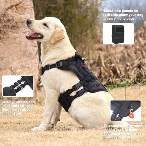 Tactical Dog Vest Harness with Pouches for Medium Large Dogs No Pull, Military Dog Harness with Rubber Handle, Service Dog Vest with Molle & Loop Panels, Adjustable Pet Harness for Hunting Walking