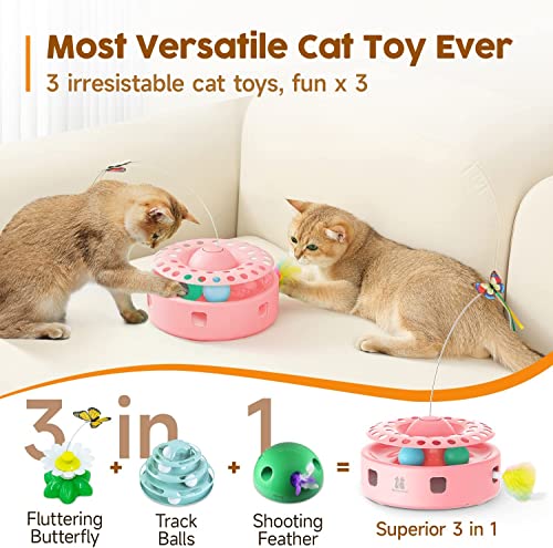 Interactive Toys for Cats, 3-in-1 Smart Interactive Kitten Toy, Fluttering Butterfly, Random Moving Ambush Feather, Catnip Bell Track Balls, Indoor Exercise Cat Kicker (Pink)