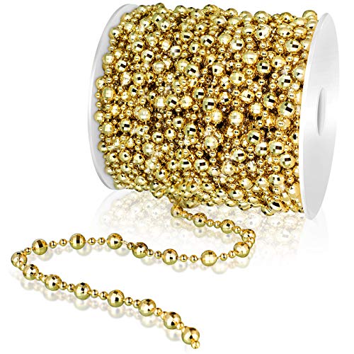 WILLBOND 32.8 Feet Christmas Tree Beads Beaded Garland Strand Plastic Pearls Beads Garland Crystal Bead Roll for Christmas and Holiday Decorations (Gold)