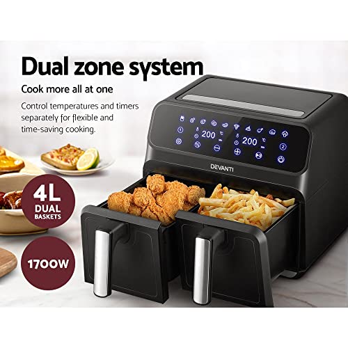 Devanti Air Fryer, 8L 1700W Stainless Steel Airfryer Electric Cooker Airfryers Deep Fryers Rack Silicone Baking Basket Kitchen Oven Household Small Kitchens Appliances, LCD Touch Control Panel