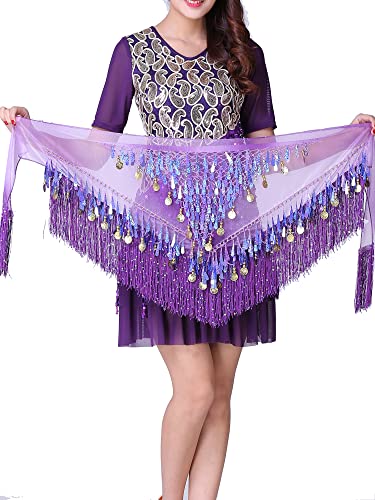 ZLTdream Belly Dance Tassels Sparkle Sequin Triangle Hip Scarf Wrap Skirt with Coins for Rave Women Outfit Dancing Costume, Purple, One size