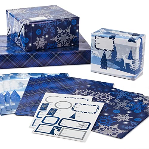 Hallmark Flat Christmas Wrapping Paper Sheets with Cutlines on Reverse and Gift Tag Seals (12 Folded Sheets, 16 Gift Tag Stickers) Blue and Silver Snowflakes, Deer Forest Scene, Blue Tartan Plaid