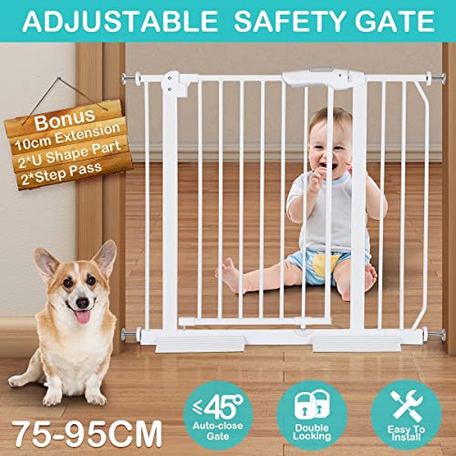 Child Pet Safety Gates Adjustable Baby Gate with A 10CM Extension Barrier 77CM Height 75~95CM Width - White