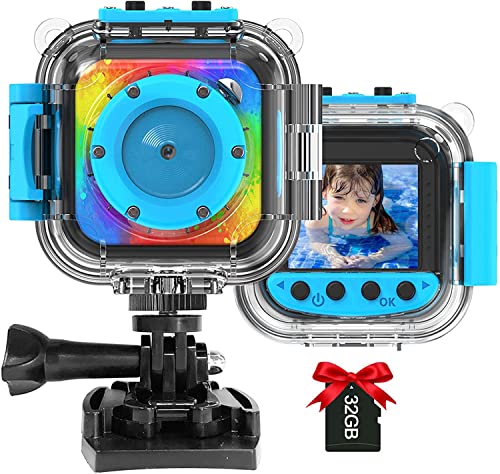 Kids Waterproof Camera 1080P HD Digital Action Camera Toddlers Underwater Sports Video Camcorder Toys for 3-12 Year Old Children Birthday Gifts with 32GB SD Card (Blue)