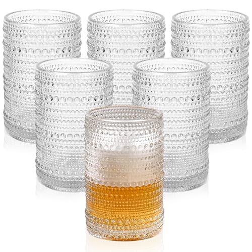 ZMOWIPDL Vintage Glassware Drinking Glasses Set of 6,15 oz Hobnail Glass Cups,Embossed Clear Water Tumbler,for Beer,Cocktail,Whiskey,Juice and Various Mixed Drinks- 1 Cleaning Brush