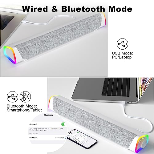SOULION R30 Plus Computer Speakers, Wired USB-Powered Bluetooth V5.3 PC Sound Bar, Colorful RGB Lights with Switch Button, Surround Portable SoundBar Speaker for Desktop Laptop Phone White