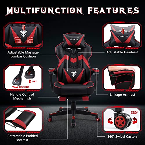 Zeanus Gaming Chair with Footrest Ergonomic Computer Chair with Massage Recliner for Heavy People Racing Gamer Chair Big and Tall Chairs for Adults Red