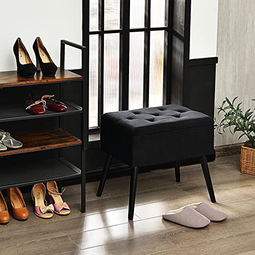 Giantex Velvet Storage Ottoman, Flip Top Stool w/Solid Wood Legs High Stability, Large Capacity, Rectangular Upholstered Vanity Stool for Living Room Bedroom, Multifunctional, Black