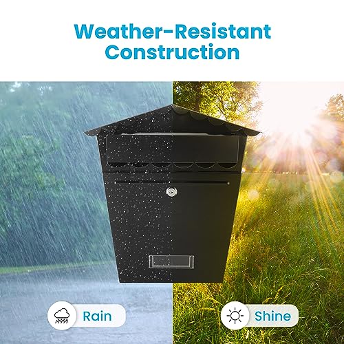 SereneLife Outdoor Wall Mount Lockable Mailbox - Made from Galvanized Metal - Great for Commercial, Rural, Home & Office Use - Easy to Install lockbox with a Slot Secure Lock - Includes 2 keys - Black