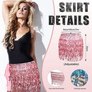 Sequin Fringe Skirts Belly Dance Skirt Festival Tassel Skirt Hip Scarf Wrap Outfit Costumes for Women and Girls, Pink, Lake Blue, One Size