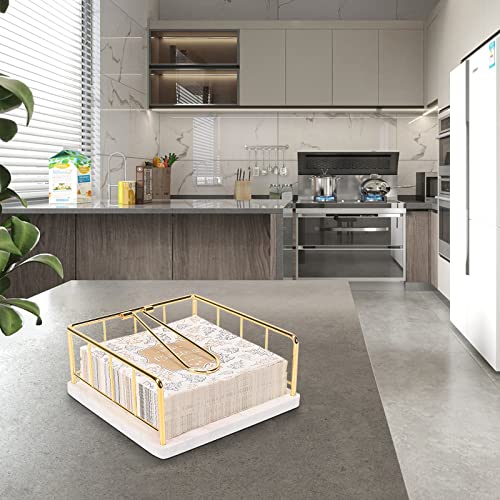 Livabber Flat Napkin Holder with Marble Base, All Metal Kitchen Napkin Holder with Weighted Tension Arm Rustic Tissue Paper Dispenser for Countertop, Table Kitchen, Dining Room (Gold)