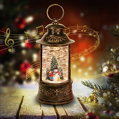 Christmas Snow Globe Lantern Musical,6H Timer Cylinder Glitter Snow Globe,Bronze Snow Globes Christmas with Music Box Including 8 Songs,Lantern with Xmas Tree Snowman Decor