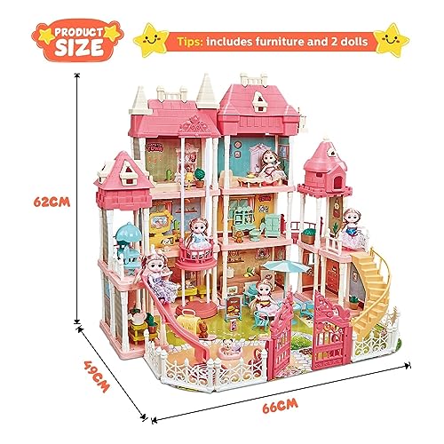 KIDBOT 62CM Tall DIY Miniature Doll House Barbie Dream Play Furniture Playhouses Toys Dollhouse Princess Castle Light Music DIY,with 14 Rooms 4 Stories,String Light & Music