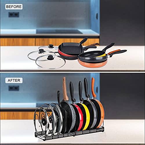 Toplife Expandable Pans Organizer Rack, 10 Adjustable Compartments, Cookware Holder for Pantry or Cabinet, Black