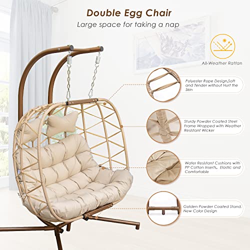 NICESOUL 2 Person Double Egg Chair Outdoor Patio Wicker Loveseat Hanging Chair Swing Egg Chairs with Cushions Double Seats Egg Chair 510 lbs Capaticy for Patio Backyard Balcony Bedroom Gift Cream