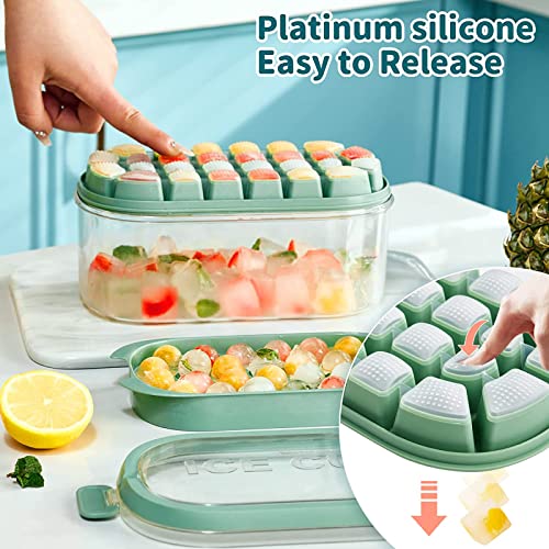 Uandhome Ice Cube Tray with Lid and Bin, Silicone Sphere Ice Cube Maker Ice Cube Trays for Freezer, 2 Tiers Reusable Ice Trays, Cube Moulds Square and Round Ice Tray with Storage Ice Box & Ice Scoop