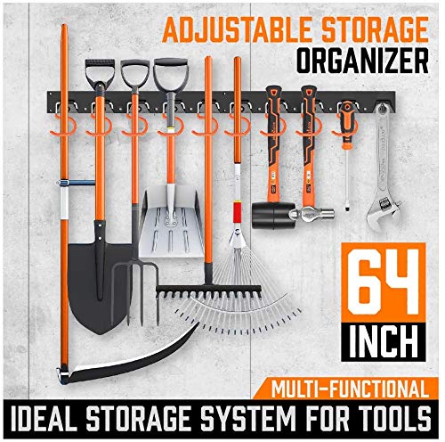 HORUSDY 64 Inch Adjustable Garden Storage System, Wall Mount Tool Organizer, Tool Hangers for Mop and Broom Holder Shovel, Rake, Broom, Mop Holder, Etc.