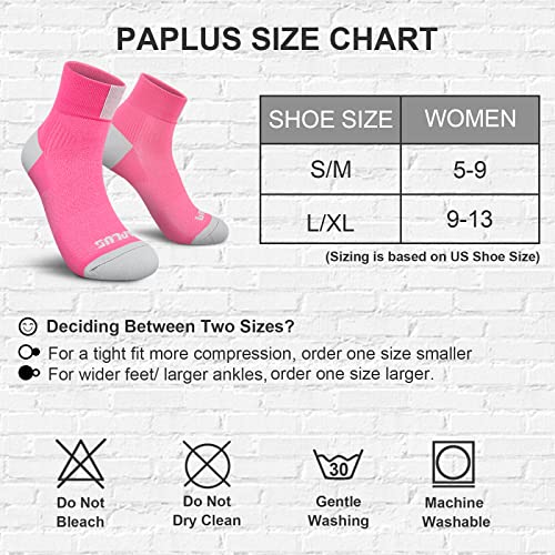 PAPLUS Women's Quarter Compression Socks 6 Pairs, Cushion Running Athletic Sport Ankle Socks with Arch Support, Multicolor（6 Pairs）, Small-Medium