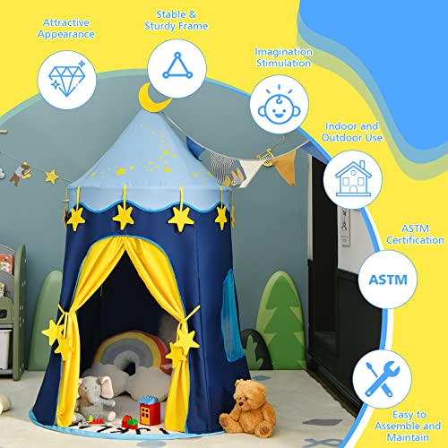 HONEY JOY Kids Play Tent, Foldable Pop Up Playhouse for Children w/Star String Light & Carrying Bag, Indoor Outdoor Castle Tent Playhouse for Parties Celebrations, Portable Play Tent w/2 Mesh Windows