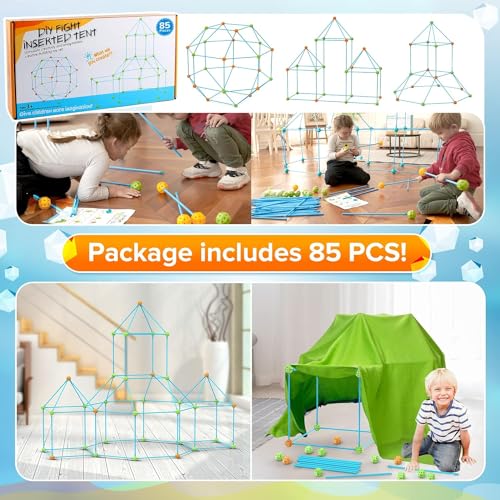 Kids Fort Building Kits, DIY Puzzle, House, Toy, 85 Pieces, Educational Toy, Crafts, Castle, Tunnel, Play Tent, Boys Girls Age 5 6 7 8 9 Indoor and Outdoor Construction Toy