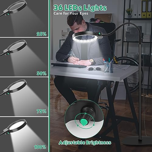 NZQXJXZ 2-in-1 Magnifying Glass with Light and Stand, 5X & 10X Magnifying Lamp with 36 Adjustable Brightness LEDs, Flexible Gooseneck Floor Standing Magnifying Lamp for Close Work, Craft, Reading