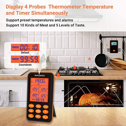 Inkbird IRF-4S Wireless Remote Meat Thermometer for Smoker, 1500ft Waterproof Digital Cooking Food Oven Grill Thermometer with Timer, Alarm, Rechargeable Battery, 4 Probes for BBQ Thermometer