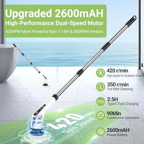 Electric Spin Scrubber, Cordless Bathroom Tub Scrubber with Long Handle & 7 Replaceable Cleaning Heads, Extension as Short Handle, Portable Power Shower Brush Household Cleaning Tools for Tile Floor