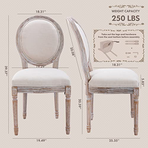 COLAMY French Country Dining Chairs Set of 2, Upholstered Farmhouse Dining Room Chairs with Round Back, Solid Wood Legs, Accent Side Chairs for Kitchen/Living Room/Bedroom- Beige