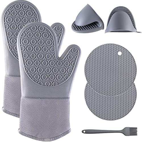 Silicone Oven Mitts Pot Holders Set, MOTYYA 7 Pcs Extra Long Non-Slip Heat Resistant Oven Mittens with 2 Mini Oven Gloves Pinch 2 Pot Holders & Brush for BBQ, Grilling, Microwave, Cooking, Baking
