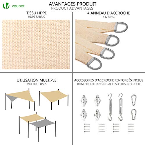 VOUNOT Sun Shade Sail Rectangle 5m x 3m with Fixing Kit, 95% UV Block Breathable HDPE Awning, Sunscreen Canopy for Outdoor Garden Patio Lawn, Ivory