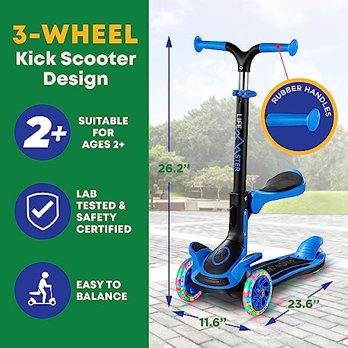 Kids Scooter – Foldable Seat – LED Wheel Lights Illuminate When Rolling – Children and Toddler 3 Wheel Kick Scooter – Adjustable Handlebar – Indoor and Outdoor- Blue - by Lifemaster