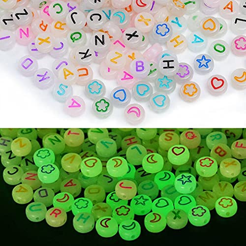 1000pcs Alphabet Letter Beads UV Acrylic Alphabet Beads Luminous Letter Beads Glow in The Dark Alphabet Spacer Beads Colorful DIY Alphabet Beads for Bracelets Necklace Making with Clear Thread