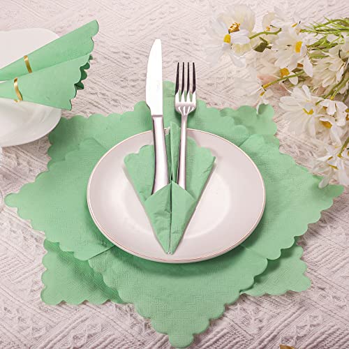 100pcs New Sage Green Napkins, 10x10 inch Scalloped Sage Green Paper Cocktail Napkins Disposable Party Sage Napkins for Wedding Birthday Party Dinning Supplies