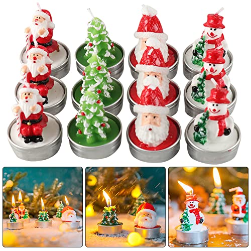 NAVESO Christmas Candles, 12 Pieces Christmas Candles with Motif, Christmas Tree, Christmas Tea Light Candles, Handmade Delicate Santa Claus Snowman Acorn Tree Candles (4 Styles)