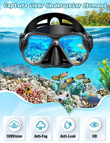 Zenoplige Mask Fins Snorkel Set Adults Men Women, Swim Goggles 180 Panoramic View Anti-Fog Anti-Leak Dry Top Snorkel and Dive Flippers Kit with Gear Bag for Snorkeling Swimming Scuba Diving Training