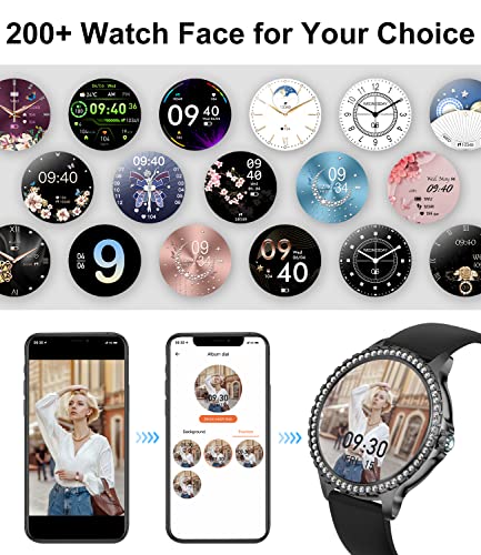 Smart Watch for Women with Make/Answer Call IP67 Waterproof Fitness Activity Tracker 1.32" HD Touchscreen Compatible iOS Android Fashion Smartwatches Black Diamond Stainless Steel Watch