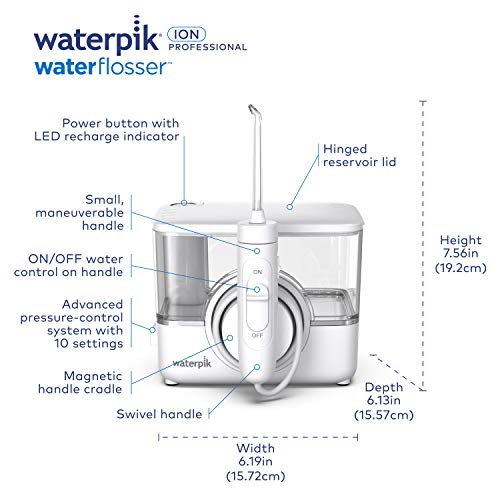 Waterpik ION Professional WF12 Rechargeable and Portable Cordless Water Flosser Teeth Cleaner - White