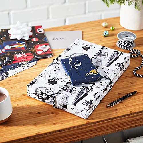 Hallmark Nightmare Before Christmas Flat Wrapping Paper Sheets with Cutlines on Reverse (12 Folded Sheets) for Christmas, Birthdays, Halloween, Jack Skellington, Sally, Zero, Black, White, Red, 0005EW 1001