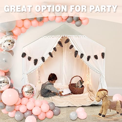 Large Kids Play Tent, Pom Poms Playhouse Tent Indoor, Play House Kids Tent Castle Tent for Girls Boys, Play Cottage with Star Light, White