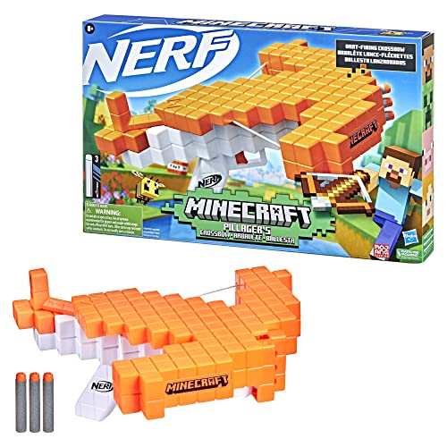 Nerf Minecraft Pillager's Crossbow, Dart-Blasting Crossbow, Includes 3 Nerf Elite Darts, Real Crossbow Action, Pull-Back Priming Handle